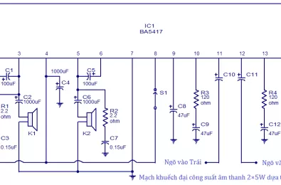 Mạch khuếch đại công suất âm thanh 2×5W dựa trên BA5417